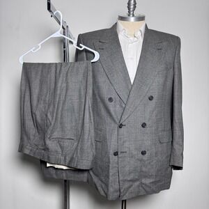 Christian Dior Monsieur Suit Mens Grey Wool Double Breasted Vintage Micro-Check